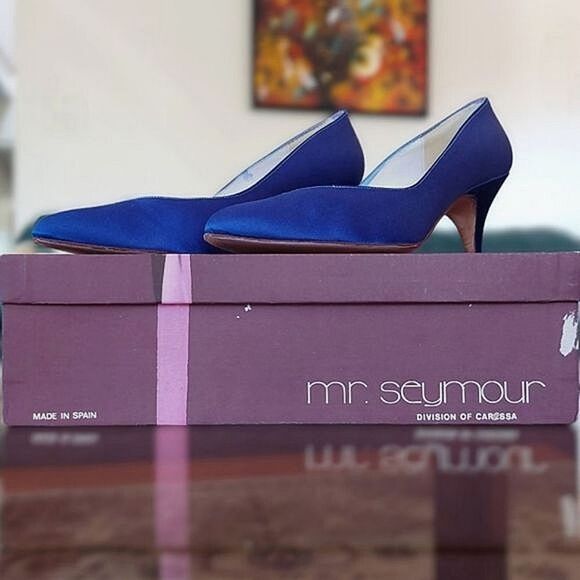 Vtg 80s Stuart Weitzman for Mr. Seymour blue sateen pumps - Picture 13 of 16